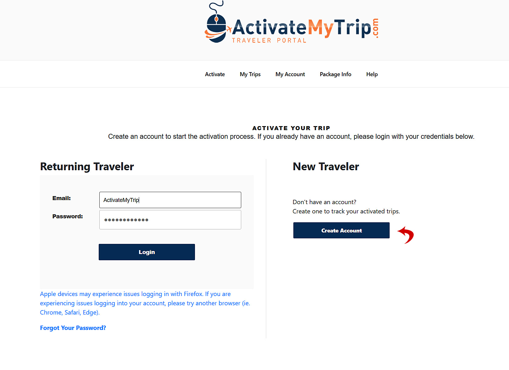 ActivateMyTrip.com homepage